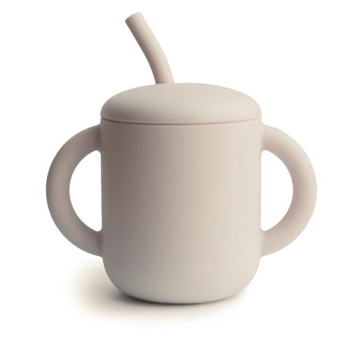 Mushie szilikon szívószálas itatópohár - homok